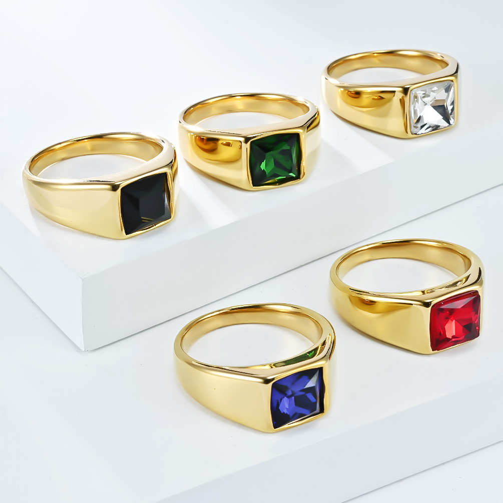 Mens Signet Ring - Roestvrij staal glanzende zirkoon vierkante edelsteen