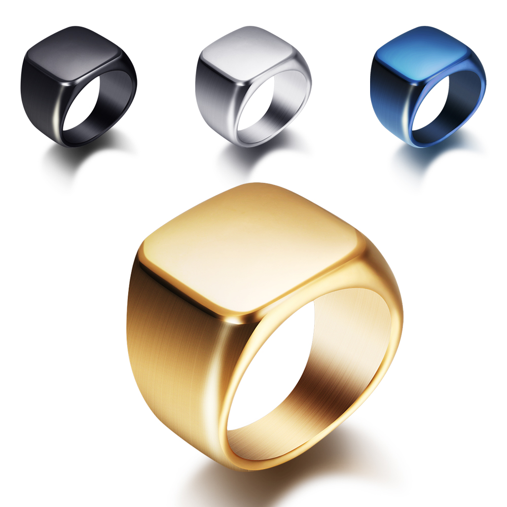 Mens Signet Ring - Gratis Graveren Nieuw Zilver/Goud/Zwart/Blauw Vierkant Grote