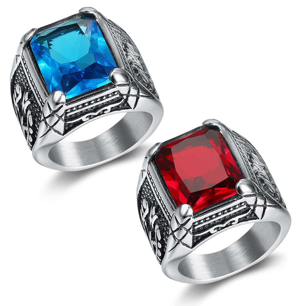 Mens Signet Ring - Zilver Kleur Mannen Rood Blauw Halfedelsteen