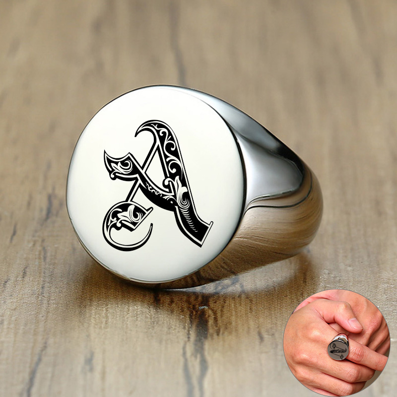 Mens Signet Ring - Vnox Stijlvolle Patroon Lettertype Initial Stempel